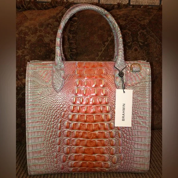 NWT-Brahmin-Caroline Satchel-Flirty Ombré Melbourne-Croc Embossed Leather-$345 - Picture 4 of 14